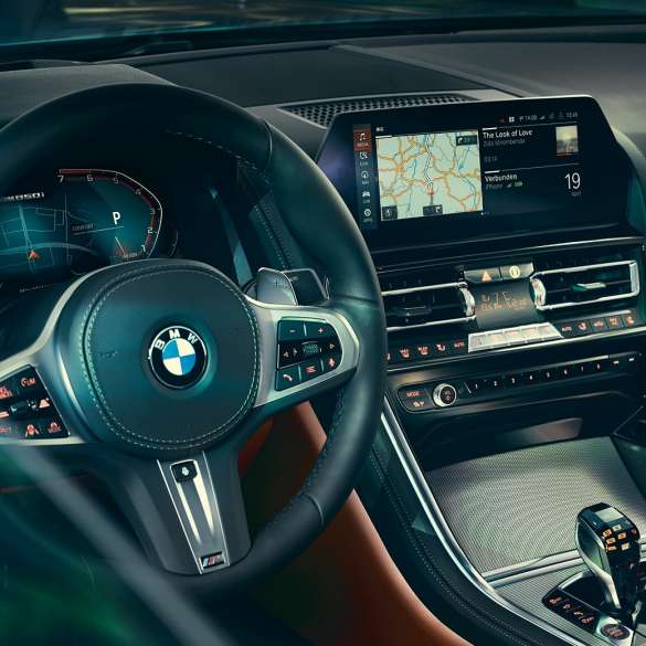 BMW Serie 8 Coupé, Cockpit G15. La BMW Serie 8 Coupé, cockpit, primo piano con volante e Control Display G15.