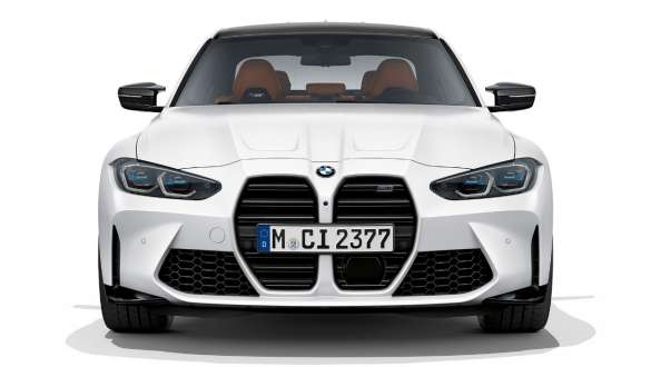 Design frontale della BMW M3 Competition Berlina Frozen Brilliant White metallizzato G80 2020 BMW M3 Competition Berlina G80 2020 Frozen Brilliant White metallizzato Design frontale Vista anteriore