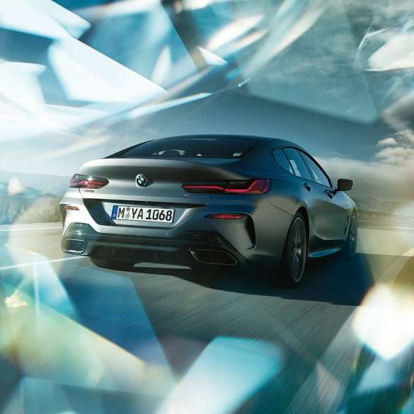 BMW M850i xDrive Gran Coupé, vista posteriore a tre quarti G16 BMW M850i xDrive Gran Coupé G16 2019 BMW Individual Frozen Bluestone metallizzato, vista posteriore a tre quarti