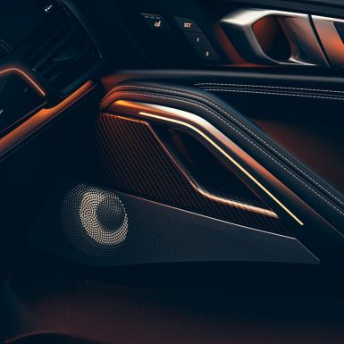 Gli altoparlanti della BMW X6 SUV G06. Ripresa degli interni della BMW con primo piano dell’altoparlante G06.