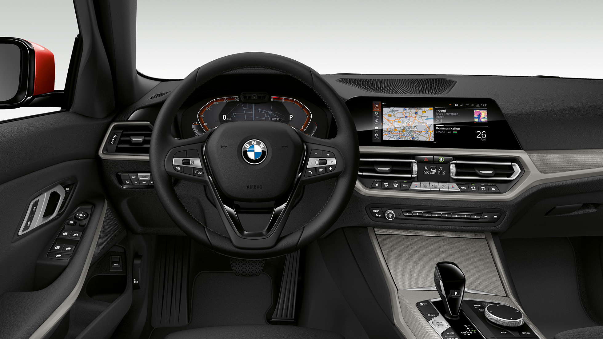 BMW Serie 3 Berlina, versione Advantage Cockpit G20 Primo piano frontale del cockpit lato guida della BMW Serie 3 Berlina con gli allestimenti della versione Advantage G20.