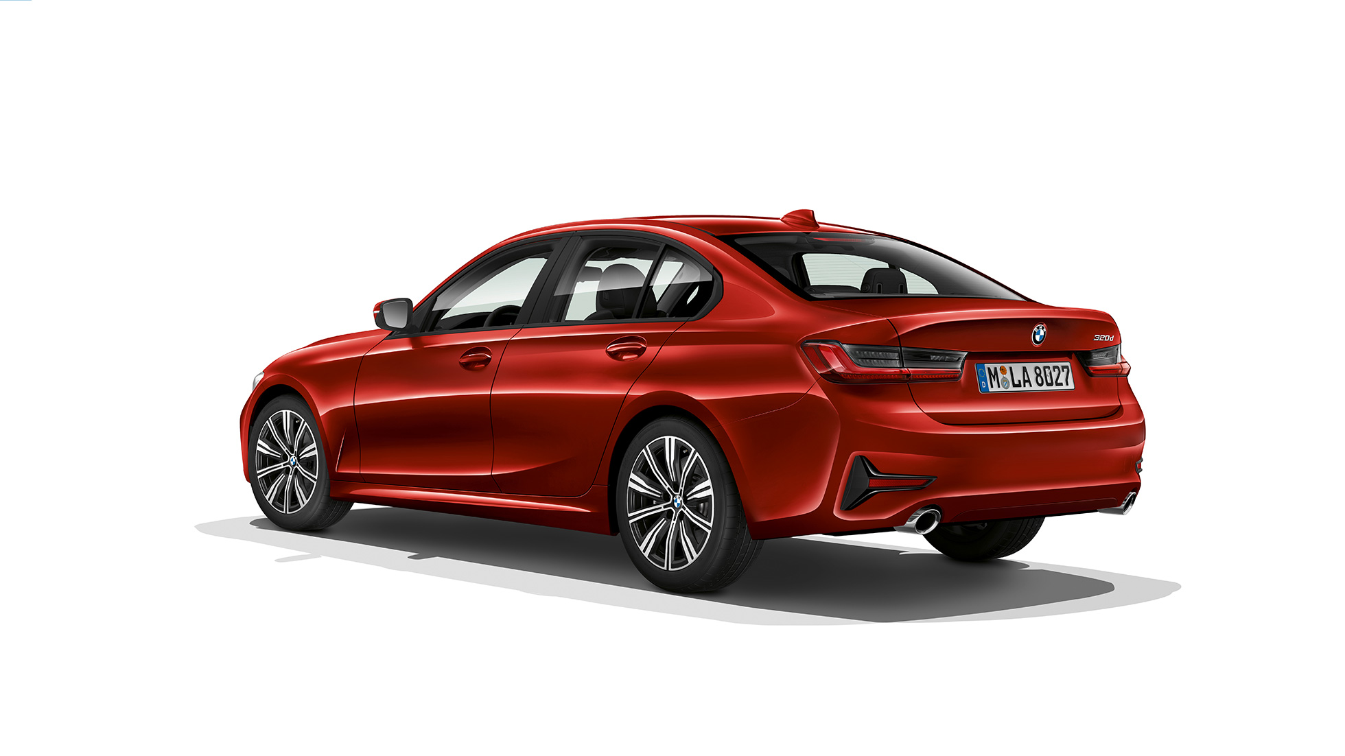 BMW Serie 3 Berlina, versione Advantage posteriore G20. Vista posteriore a tre quarti della BMW Serie 3 Berlina con gli allestimenti della versione Advantage G20.