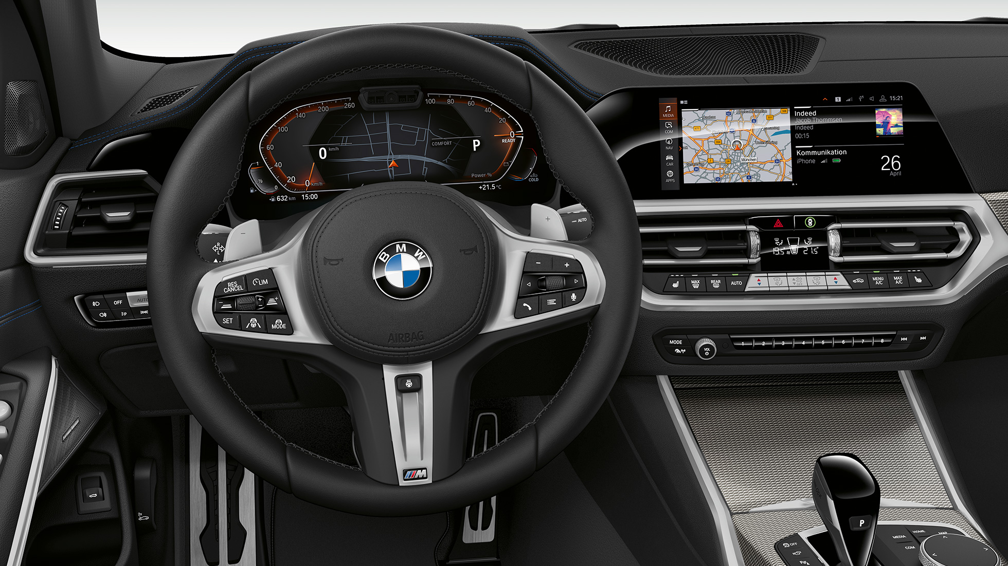 BMW Serie 3 Berlina, versione Sport, cockpit G20. Primo piano frontale del cockpit lato guida della BMW Serie 3 Berlina con gli allestimenti della versione Sport G20.