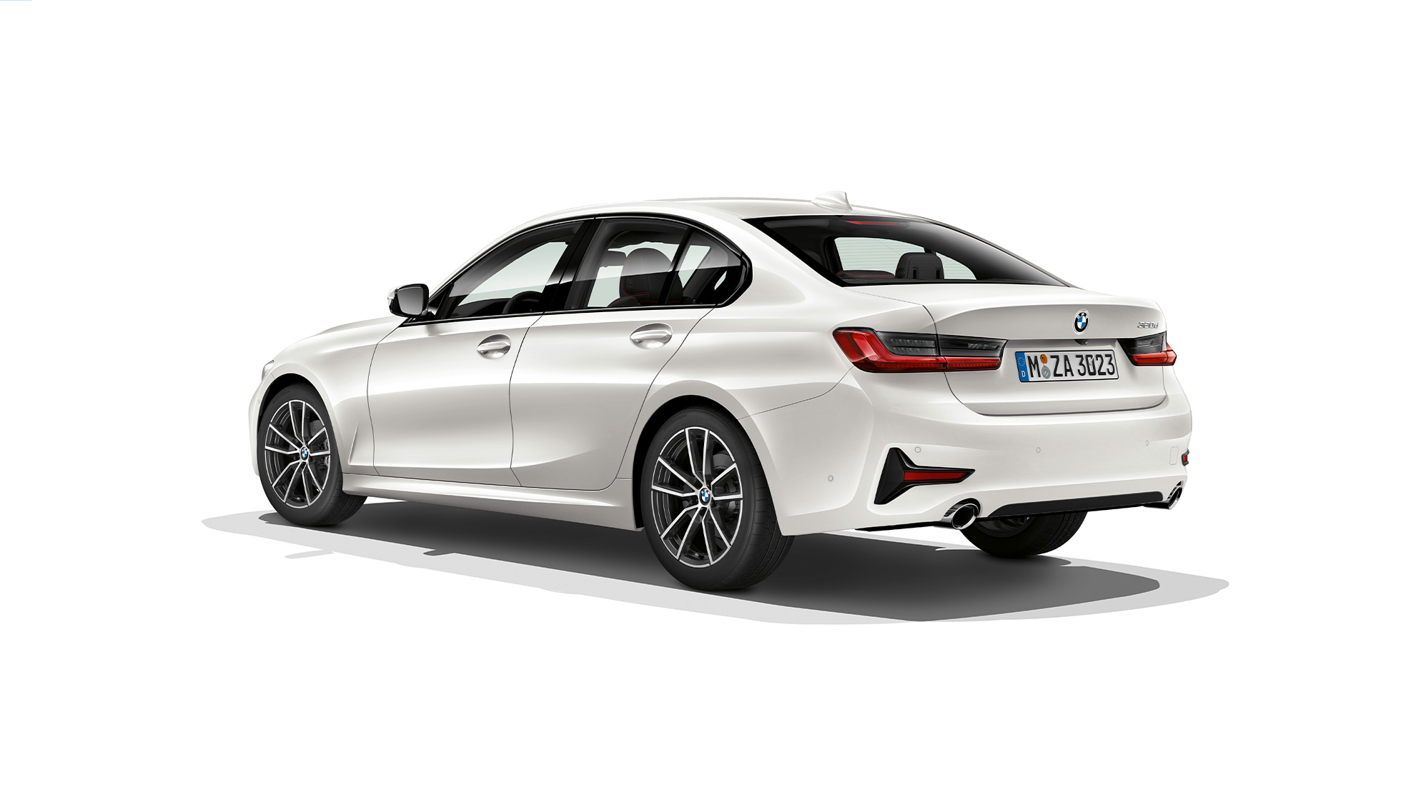 BMW Serie 3 Berlina, versione Sport, posteriore G20. Vista posteriore a tre quarti della BMW Serie 3 Berlina con gli allestimenti della versione Sport G20.