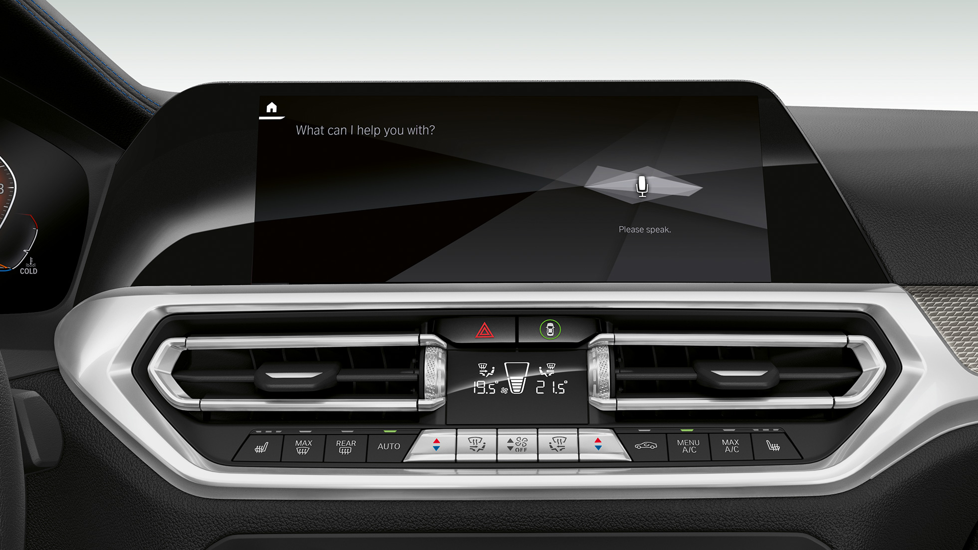 BMW Serie 3 Berlina, BMW Intelligent Personal Assistant G20. Primo piano sul display del cockpit con BMW Intelligent Personal Assistant della BMW Serie 3 Berlina G20.