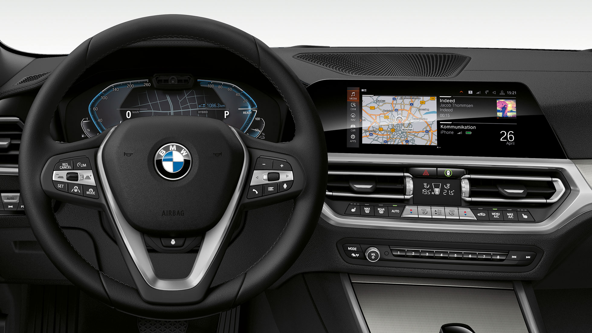 BMW 3 Series Sedan, 330e. Detailed frontal view of the BMW 3 Series Sedan cockpit with i-specific display.
