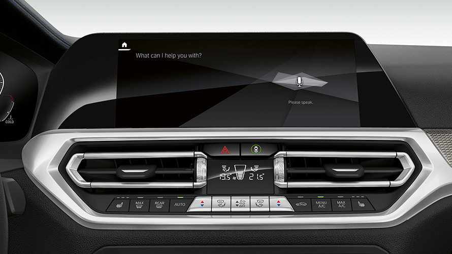 BMW Serie 3 Berlina (G20), BMW Intelligent Personal Assistant. Primo piano frontale del cockpit della BMW Serie 3 Berlina (G20) con BMW Intelligent Personal Assistant.