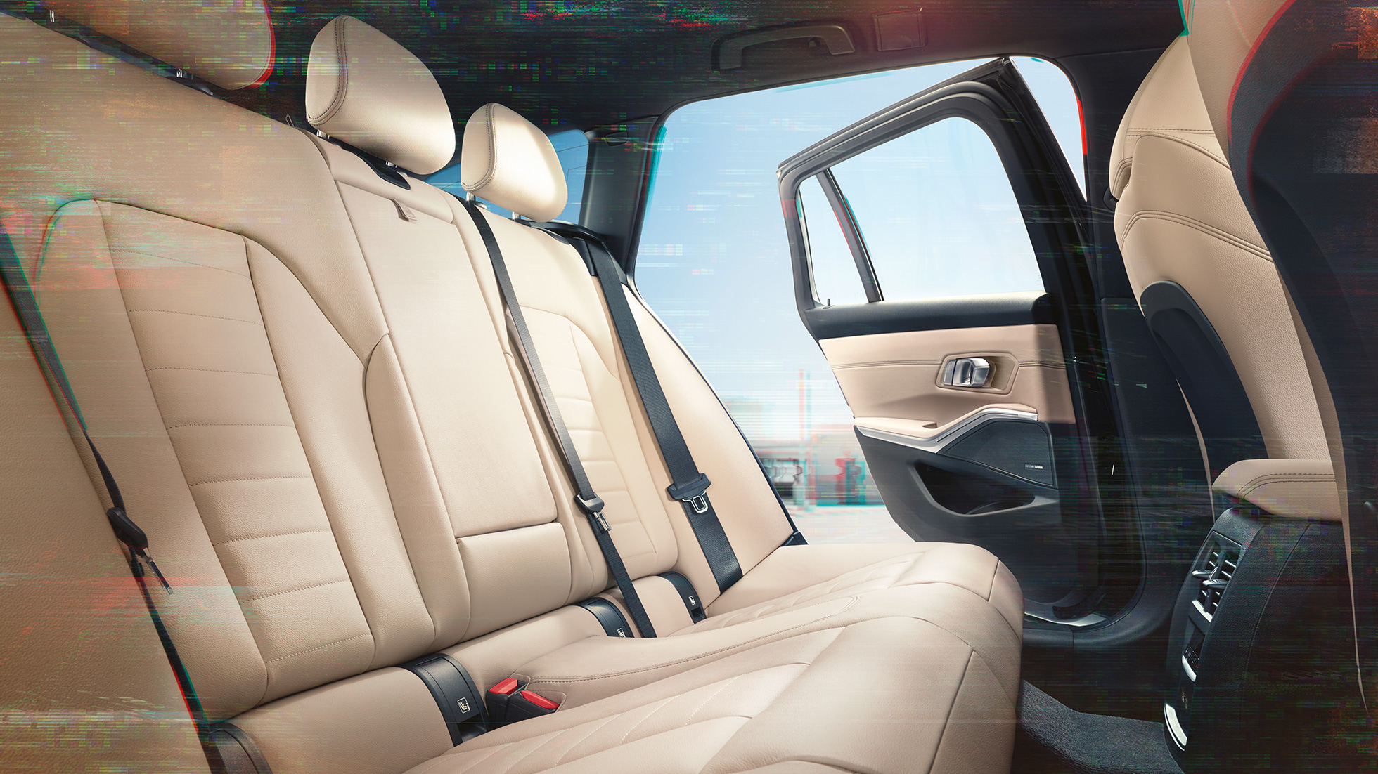 BMW Serie 3 Touring (G21), primo piano del sedile posteriore Vernasca Canberrabeige leather interior BMW 3 Series Touring (G21) interior view
