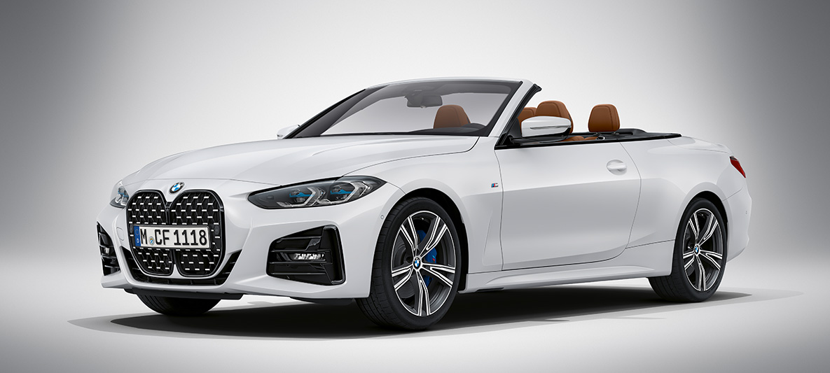 BMW Individual Brillant White metallizzato BMW Serie 4 Cabrio G23 2020 BMW Serie 4 Cabrio Individual Brillant White metallizzato G23 2020 Vista anteriore a tre quarti ferma