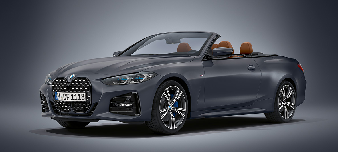 BMW Individual Frozen Deep Grey metallizzato BMW Serie 4 Cabrio G23 2020 BMW Serie 4 Cabrio Individual Frozen Deep Grey metallizzato G23 2020 Vista anteriore a tre quarti ferma