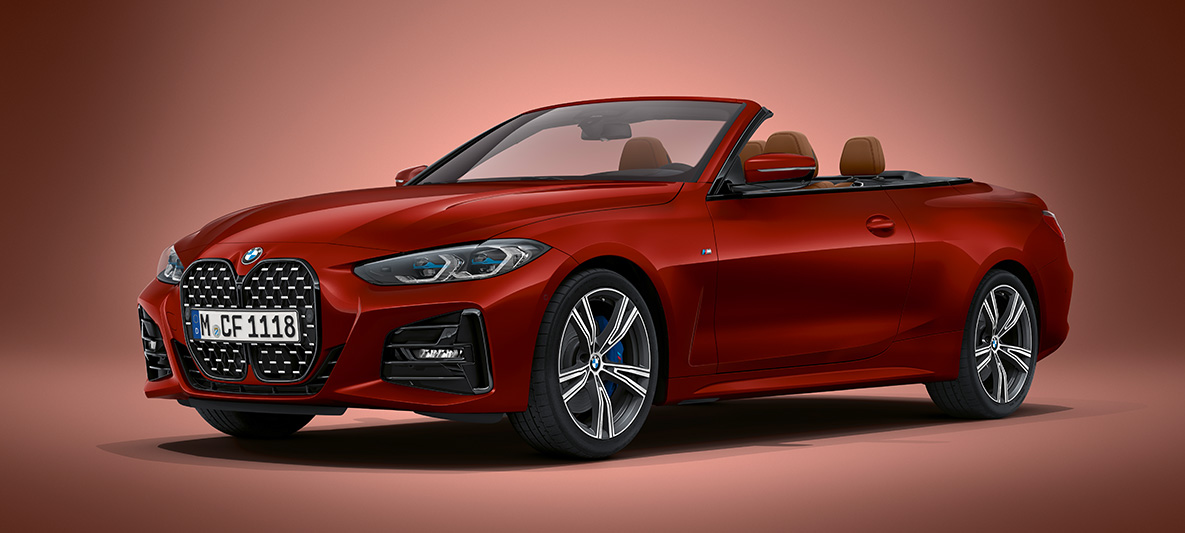 BMW Individual Aventurine Red metallizzato BMW Serie 4 Cabrio G23 2020 BMW Serie 4 Cabrio G23 2020 BMW Individual Aventurine Red Vista anteriore a tre quarti ferma
