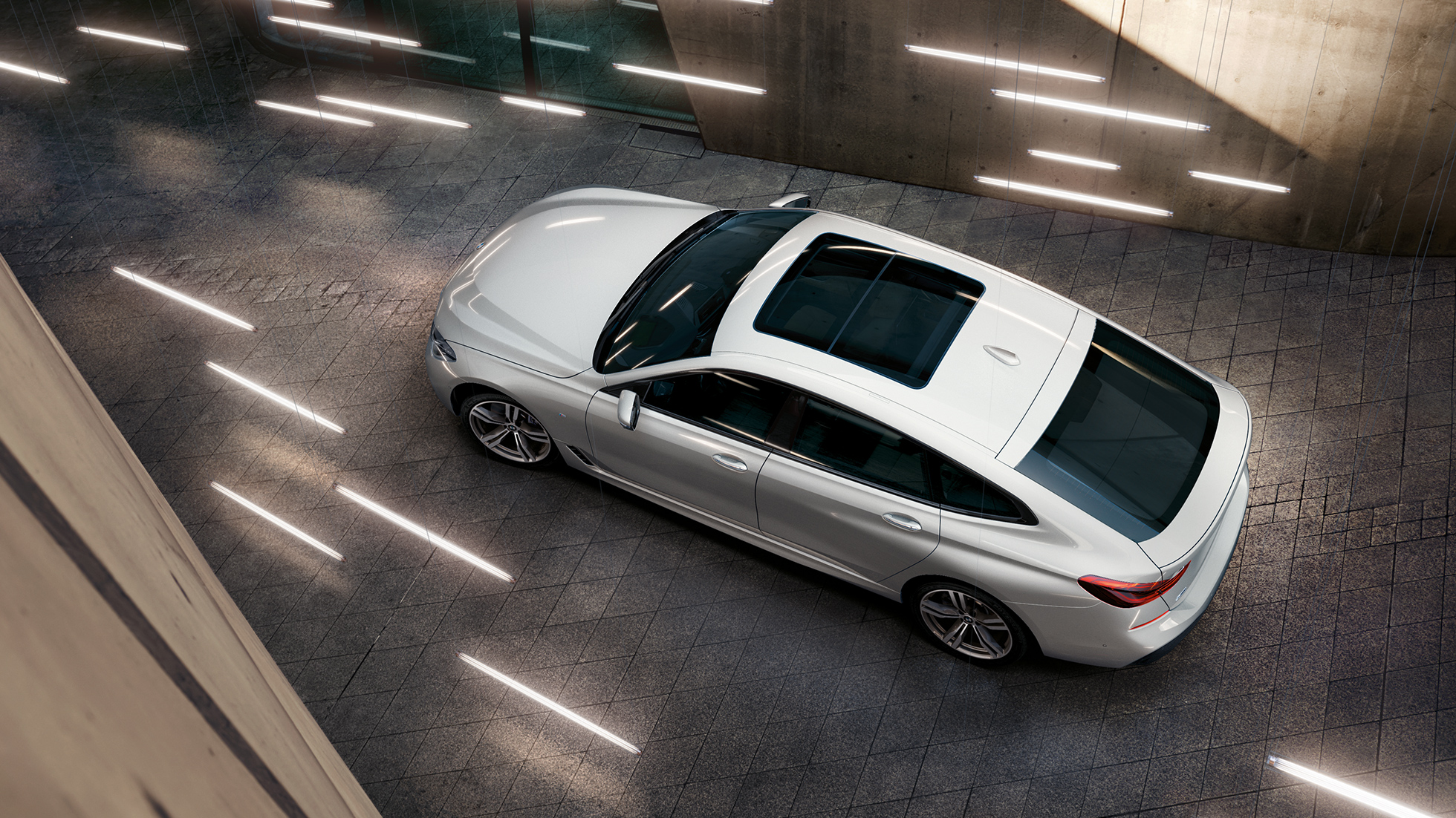 BMW Serie 6 Gran Turismo G32 con prospettiva a volo di uccello BMW Serie 6 Gran Turismo G32 2017 Mineral White metallizzato con prospettiva a volo di uccello