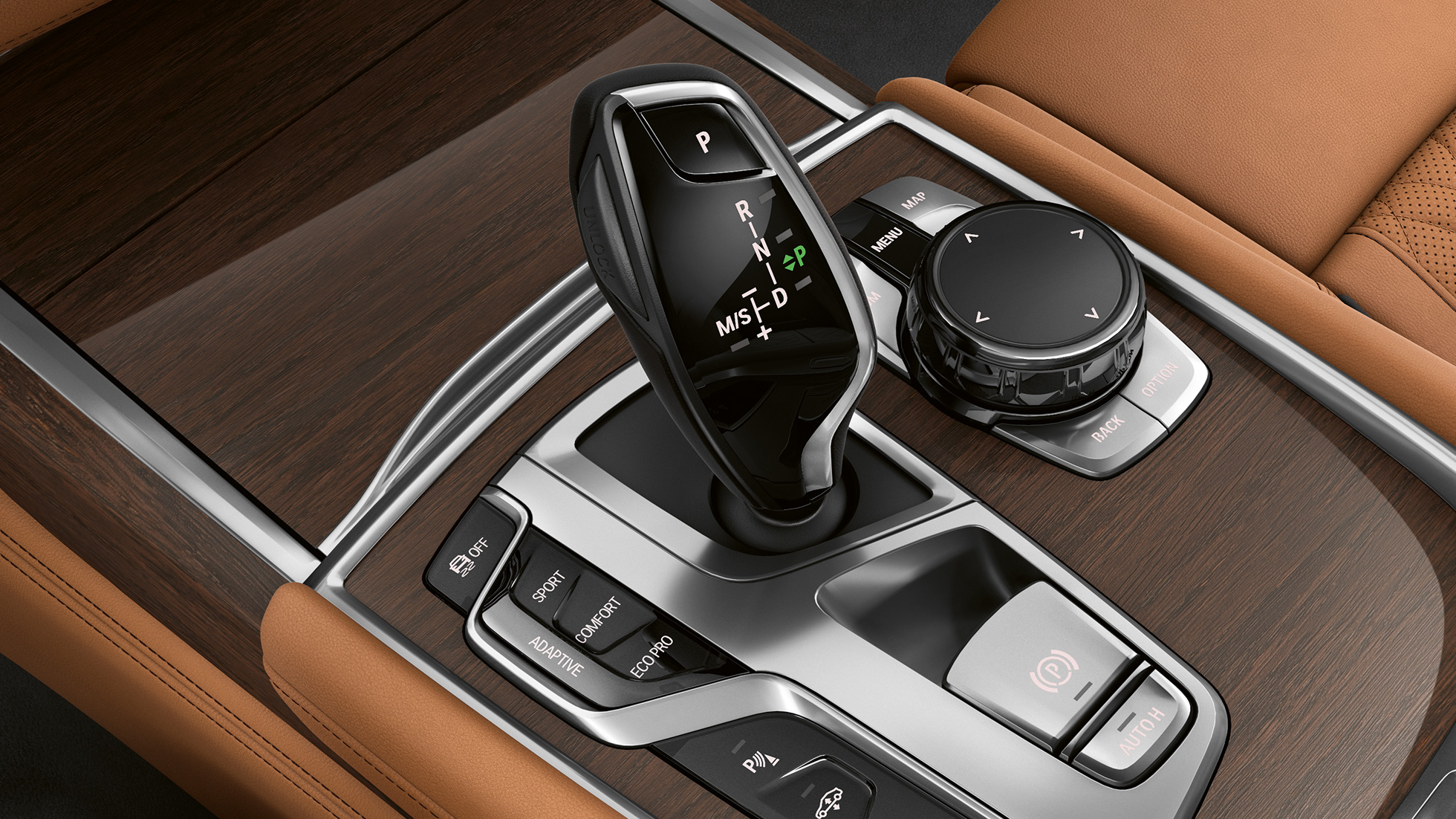 BMW Serie 7 Berlina con design degli esterni Pure Excellence, selettore marce G11 BMW Serie 7 Berlina con design degli esterni Pure Excellence Primo piano del selettore marce G11