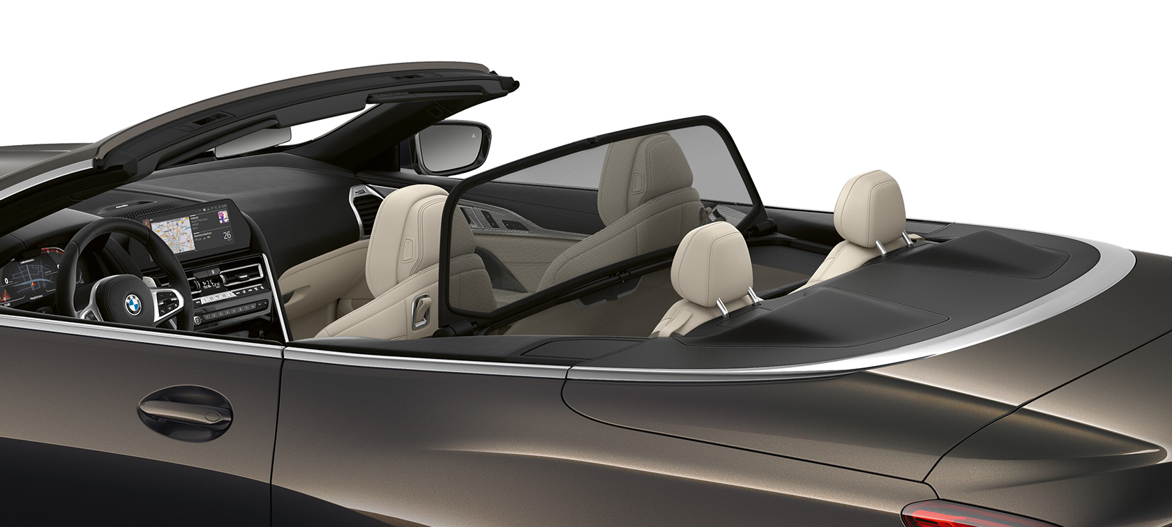 Nuova BMW M850i xDrive Dravit Grey metallic, vista laterale con capote aperta G14. Nuova BMW M850i xDrive Dravit Grey metallic, vista laterale con capote aperta G14.