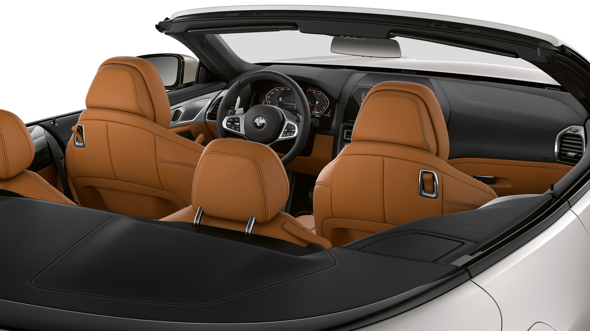 Interni della Nuova BMW M850i xDrive con capote in tessuto aperta G14. Interni della Nuova BMW M850i xDrive con capote in tessuto aperta G14.