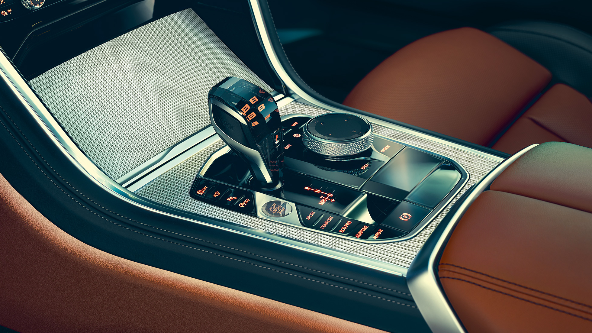 BMW Serie 8 Coupé, interni G15. BMW Serie 8 Coupé, interni, primo piano del selettore marce G15.