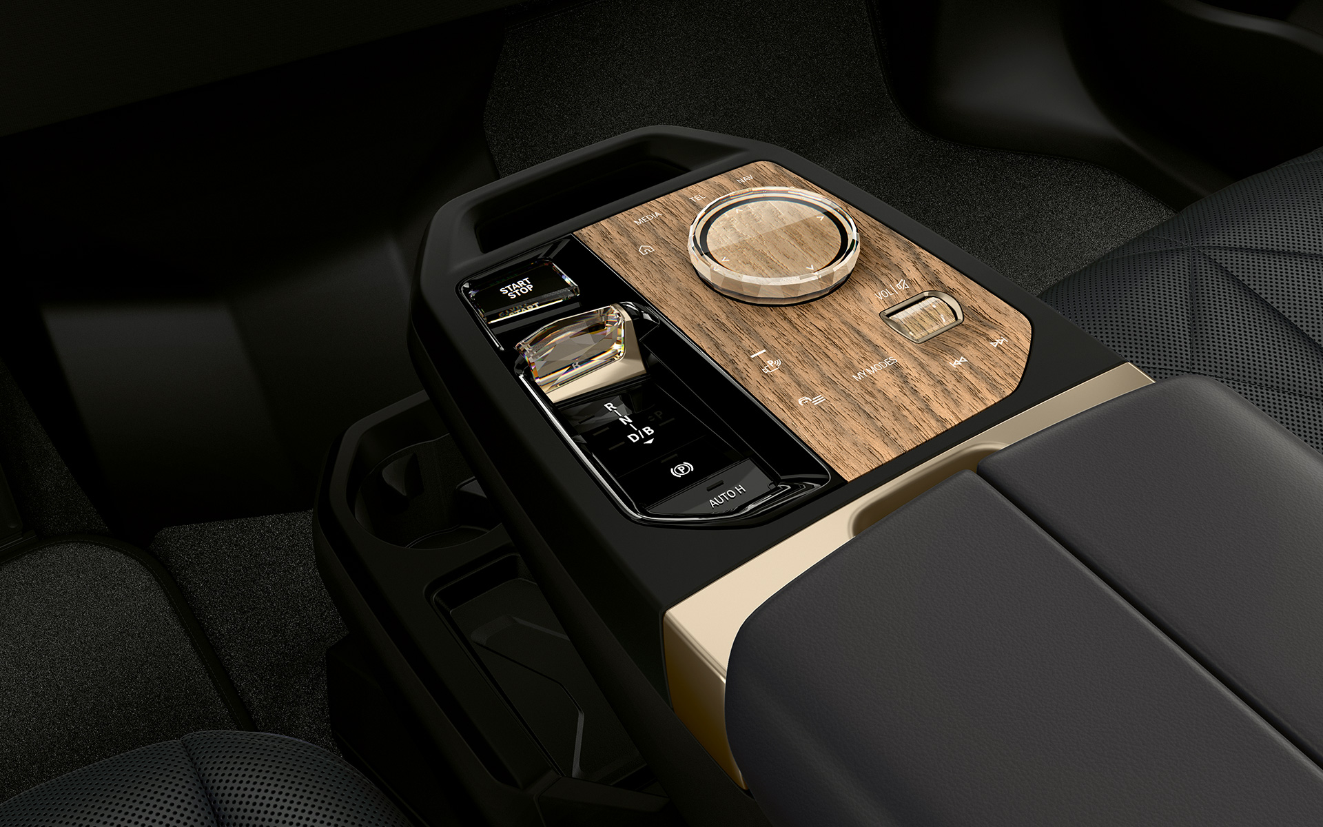 BMW iX M60 i20 2022 SUV Consolle centrale con pulsante Start/Stop e Controller BMW Abitacolo