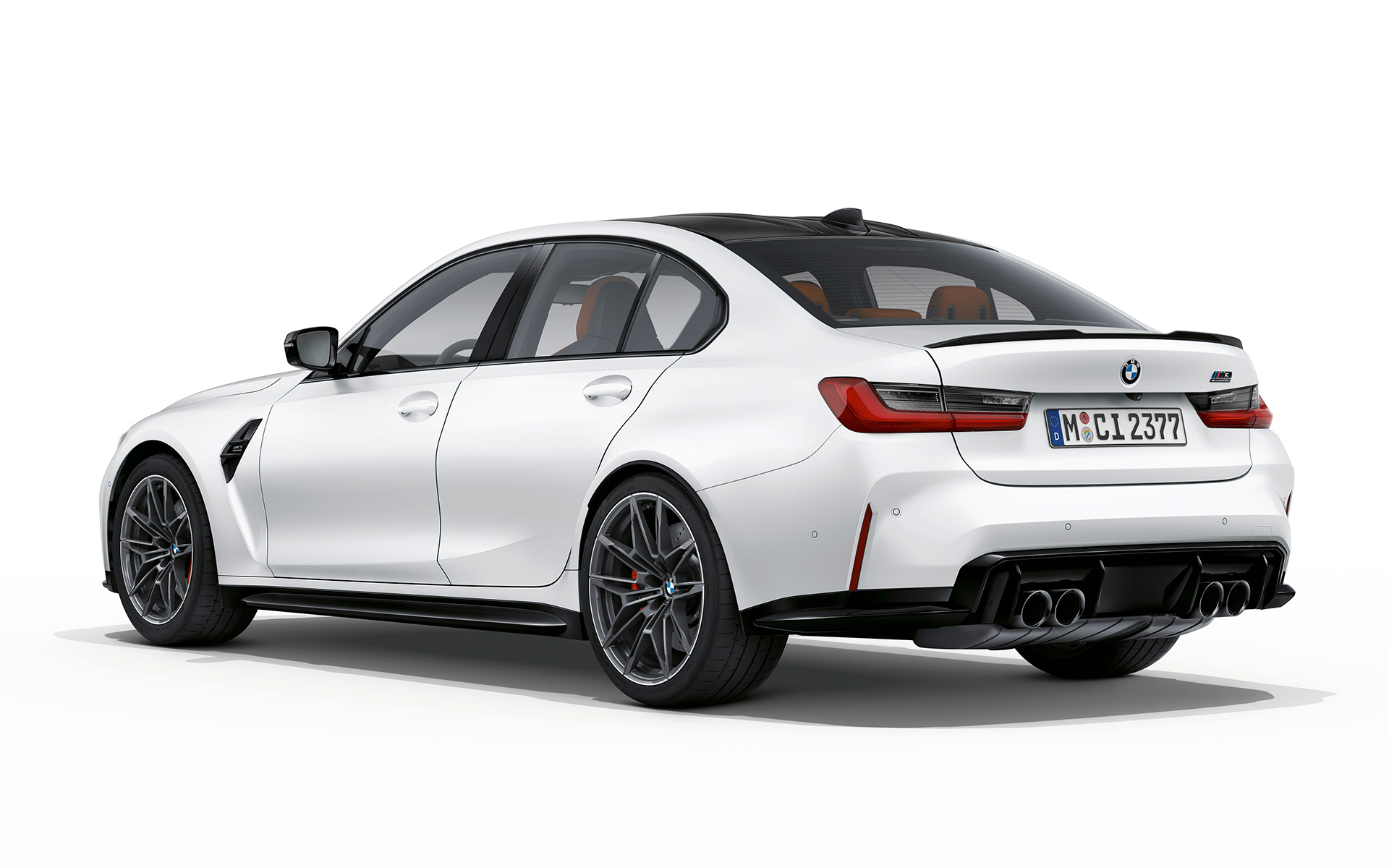 BMW M3 Competition G80 2020 Frozen Brilliant White metallizzato Vista posteriore a tre quarti