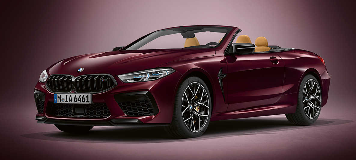BMW Individual M8 Cabrio in BMW Individual Ametrine metallizzato G14. BMW Individual M8 Cabrio in BMW Individual Ametrine metallizzato, vista frontale di tre quarti G14.