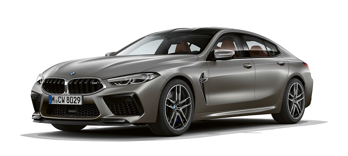BMW M8 Gran Coupé, vista laterale a tre quarti F93 BMW M8 Gran Coupé F93 2020 BMW Individual Frozen Dark Silver, vista laterale a tre quarti