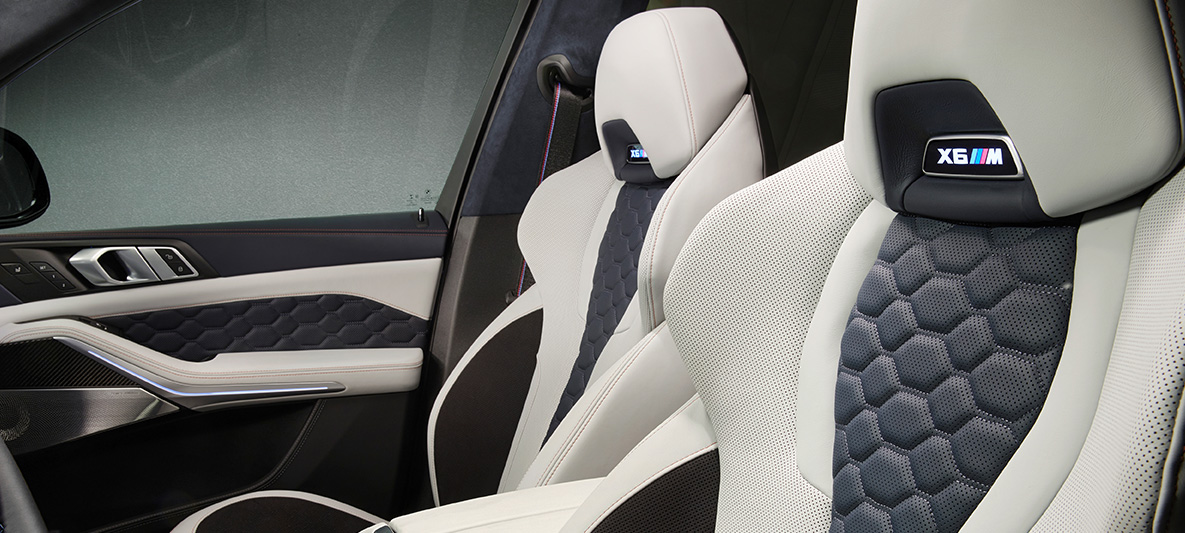 BMW X6 M SUV First Edition F96 2020 interior multifuctional seats full leather 'Merino'/Alcantara combination Silverstone/Night Blue BMW X6 M SUV First Edition F96 2020 interior multifuctional seats full leather 'Merino'/Alcantara combination Silverstone/Night Blue