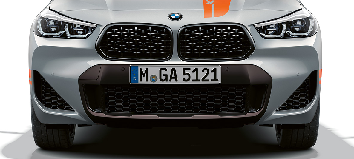 Calandra a doppio rene della BMW X2 SUV F39 BMW X2 SUV 2020 F39 Brooklyn Grey vista anteriore della calandra a doppio rene