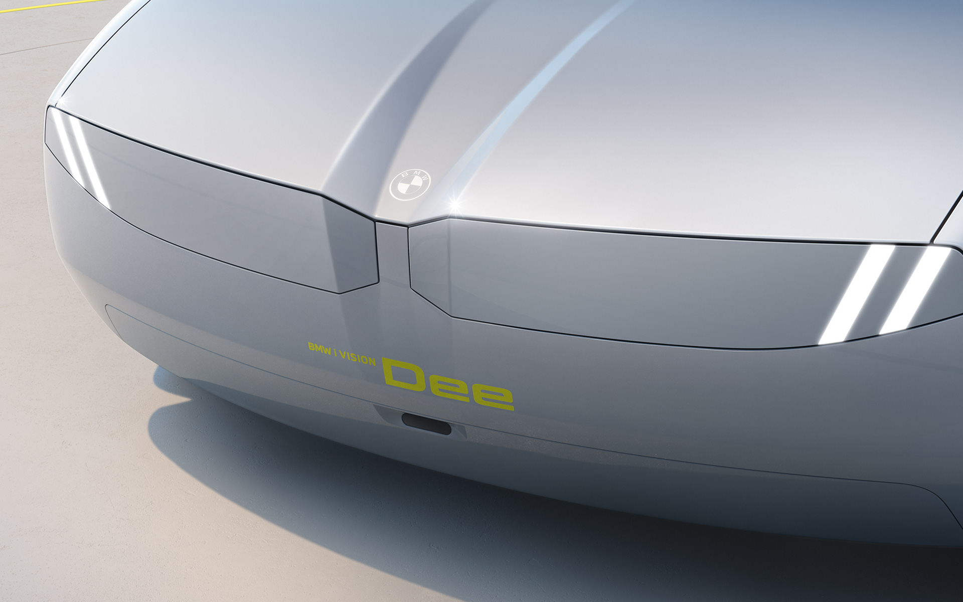 Vista frontale del design degli esterni della BMW i Vision Dee Vettura futuristica BMW i Vision Dee vista anteriore del design degli esterni