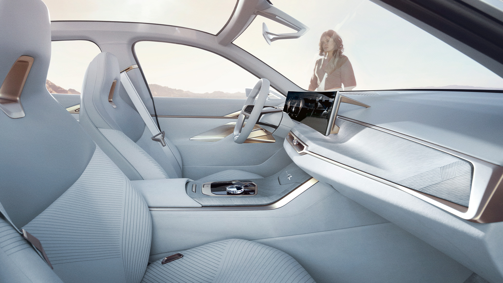 Interni della BMW Concept i4 2020 G26 Abitacolo della BMW Concept i4 2020 G26 auto elettrica, BMW Gran Coupé completamente elettrica