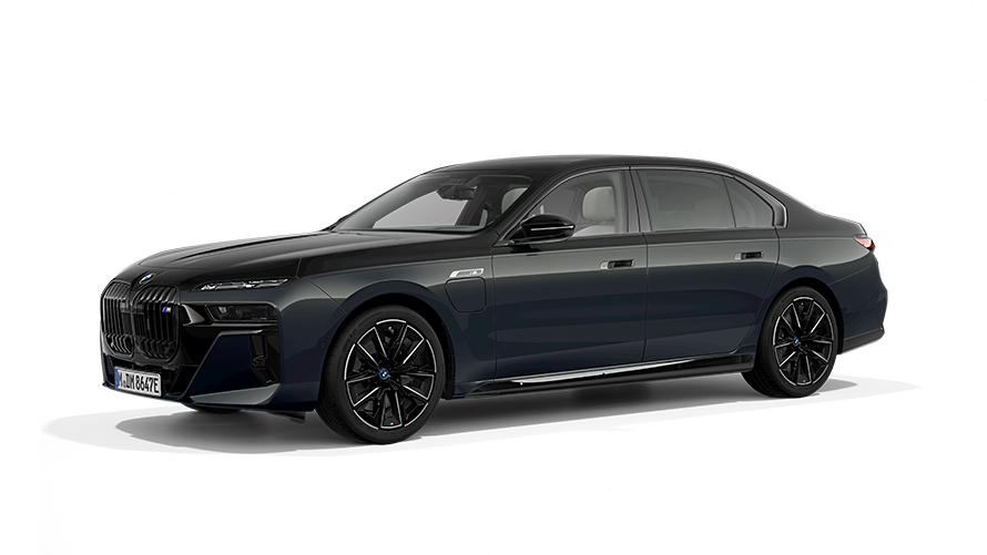BMW M760e xDrive G70 PHEV Vista anteriore a tre quarti da ferma