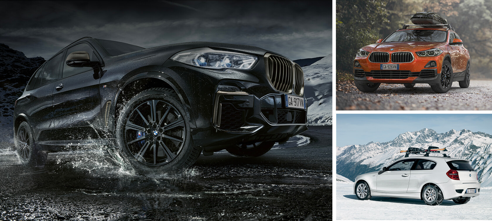 Accessori originali BMW e BMW Service per l'autunno e l'inverno Donne e uomini ridono nella neve davanti a una BMW
